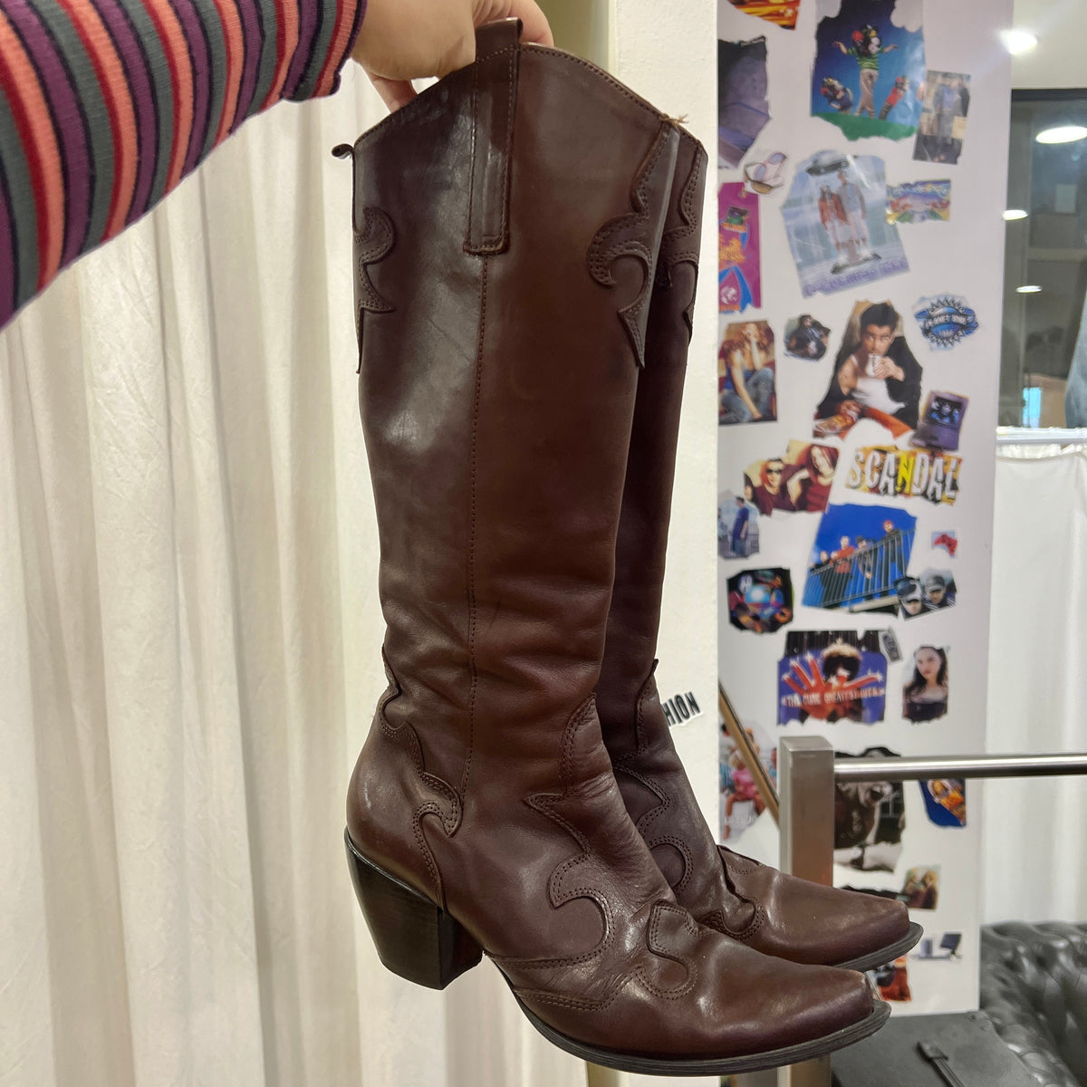 chocolate brown leather knee high western cowboy boots