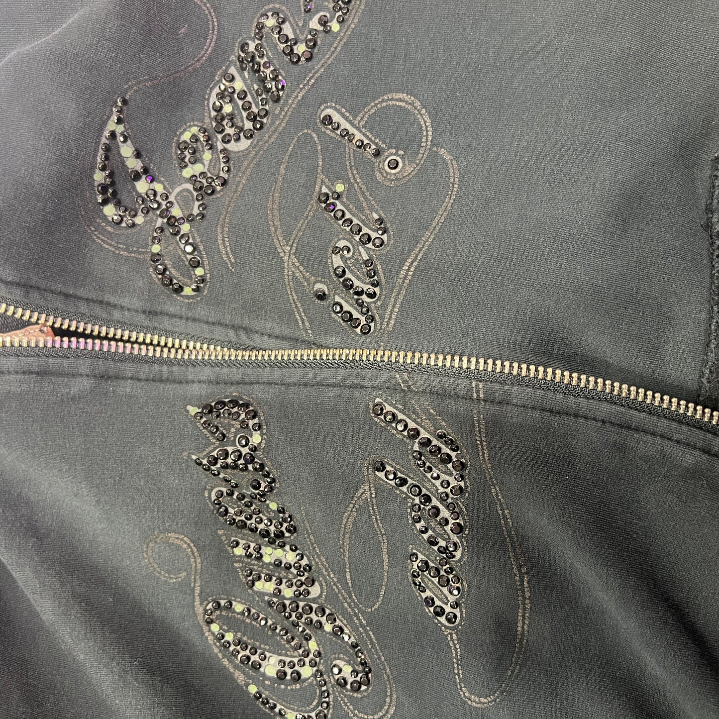 guess 00s black zip up sweatshirt with rhynestone cursive logo