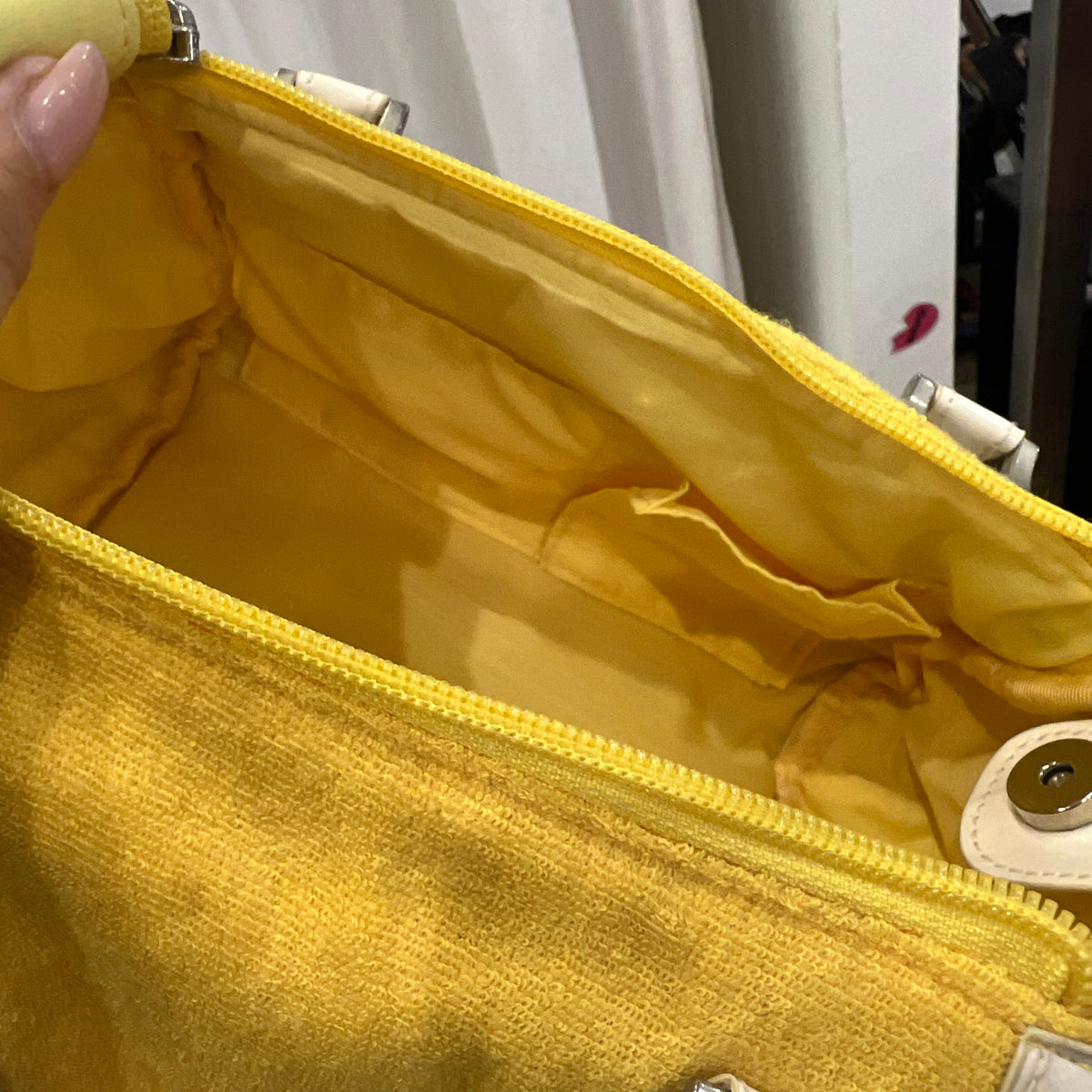 hello kitty sanrio 2007 yellow terry cloth mini trunk bag with white details and silver studs