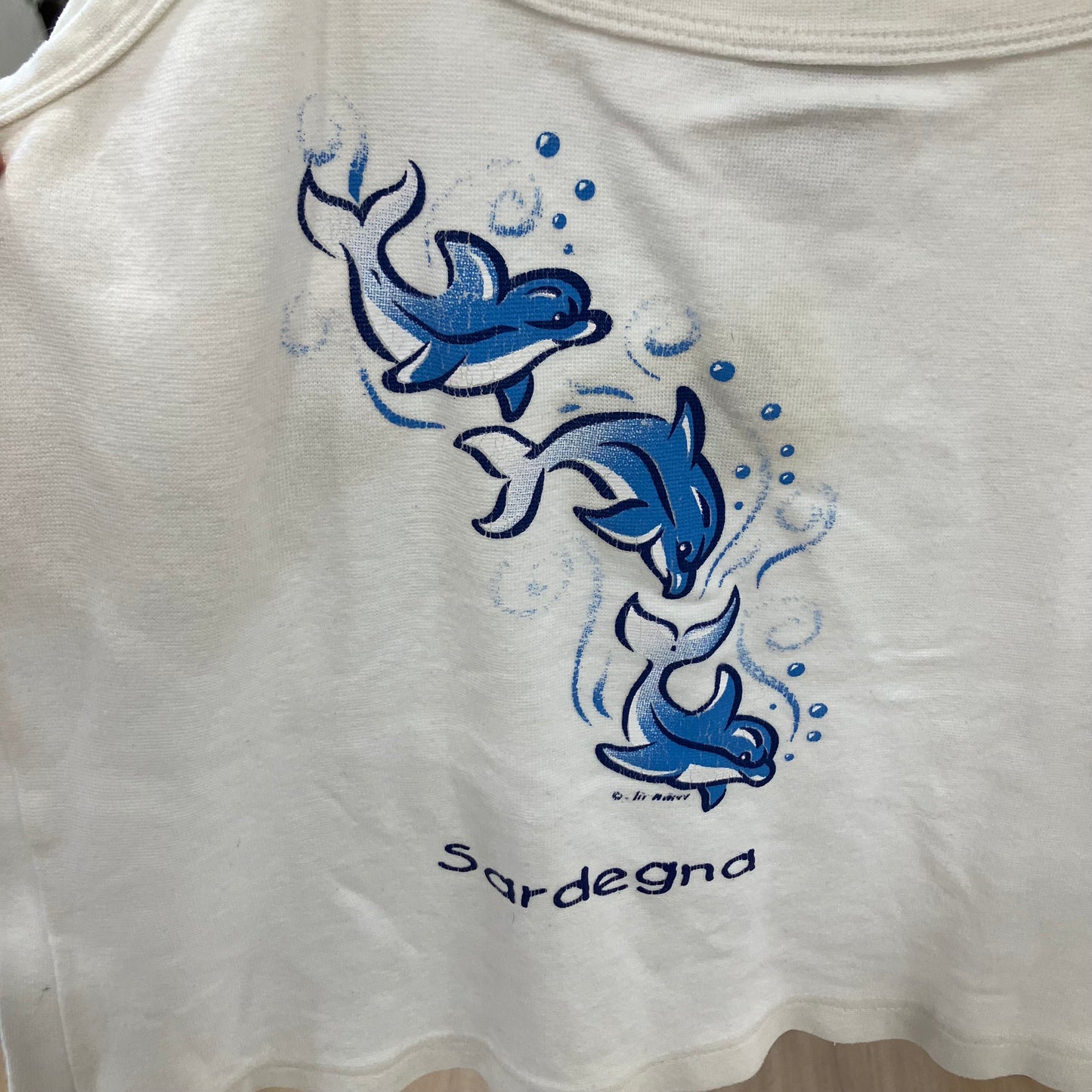 jerzees white sardegna cami crop top with blue dolphins