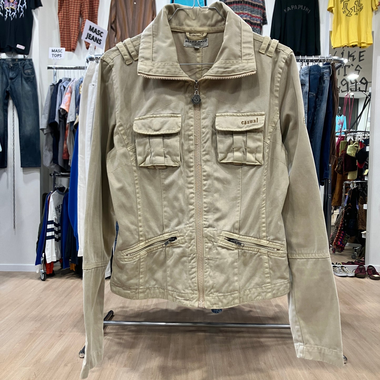 blind date 00s beige denim cargo zip up jacket