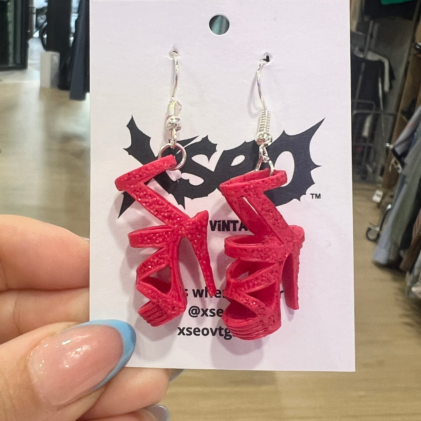 reworked 00s glittery red barbie heels earrings