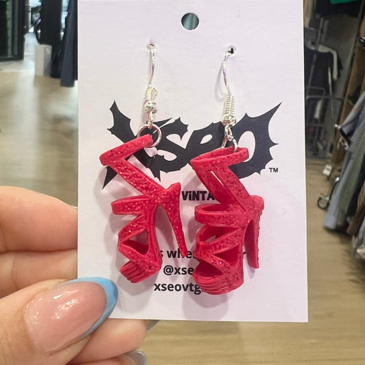 reworked 00s glittery red barbie heels earrings