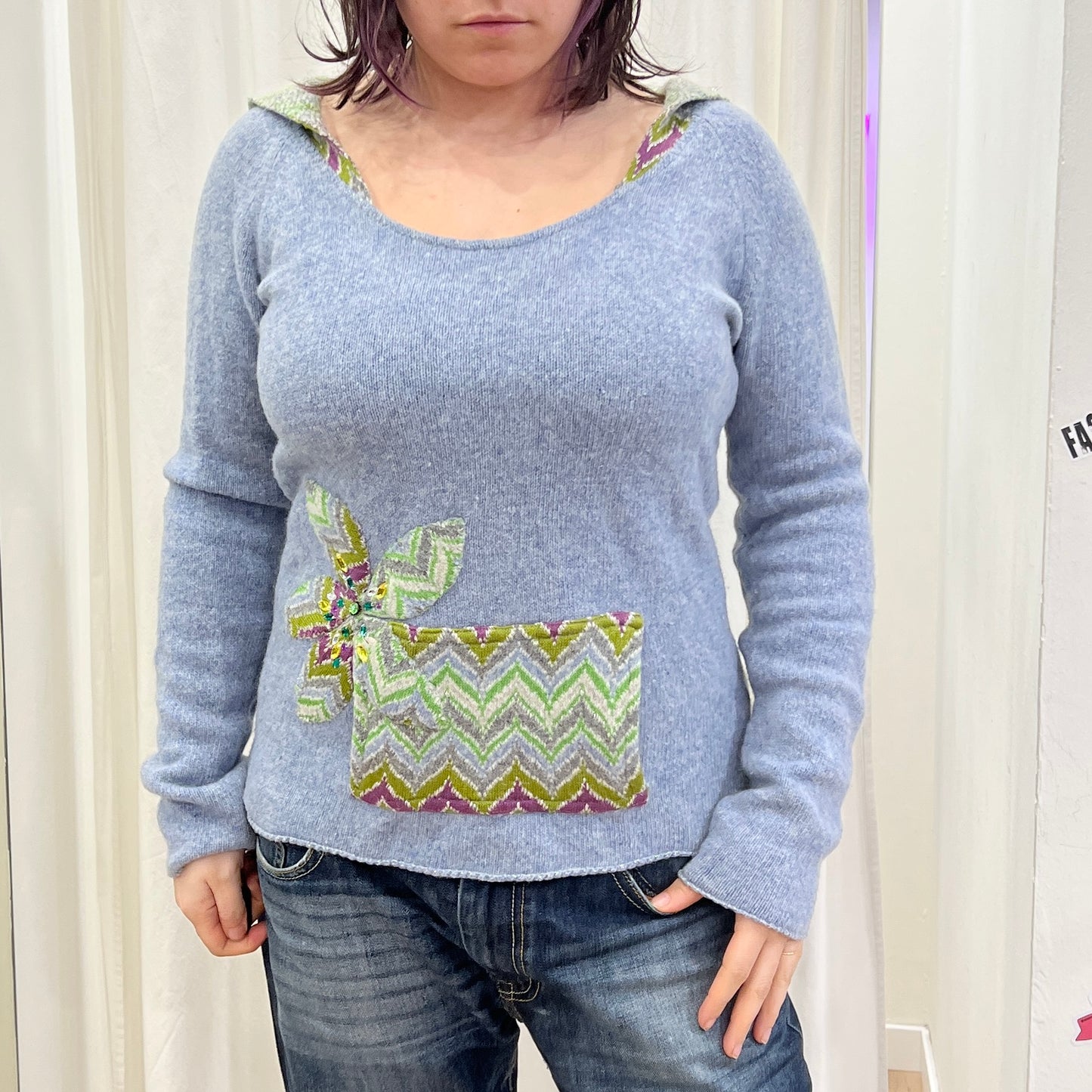 free people 00s light blue wool sweater with front pocket and hood