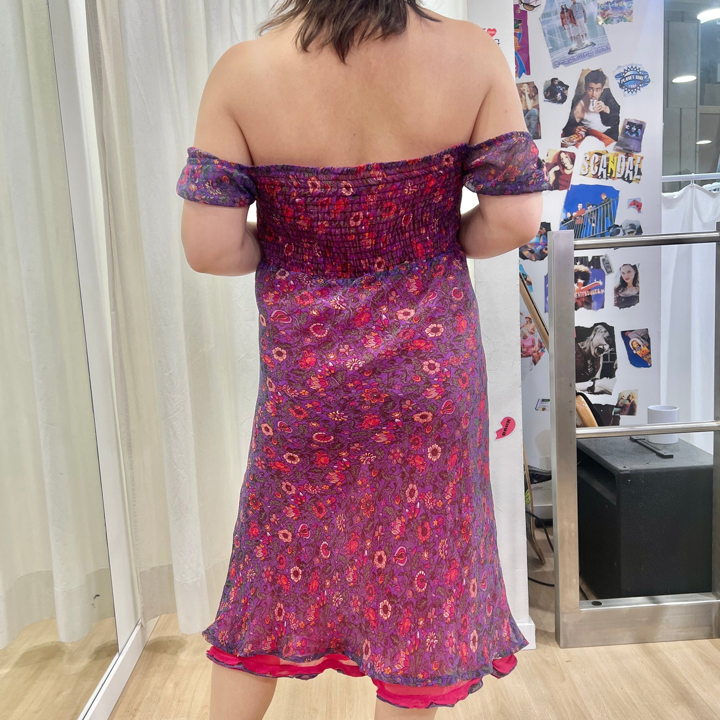 00s purple silk off the shoulder midi floral dress