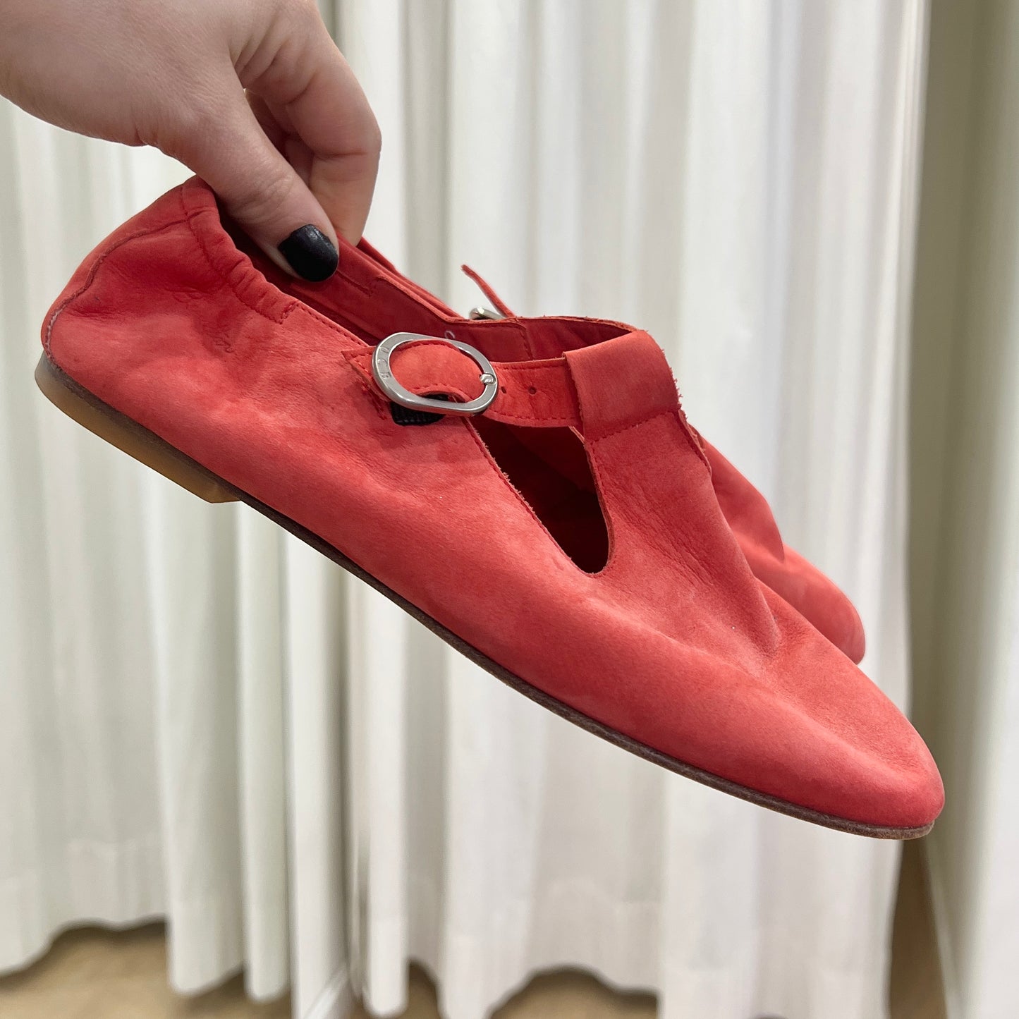 benetton 00s coral red suede mary jane flats