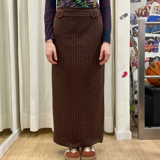 90s brown pinstripe maxi tube skirt with resin buckles