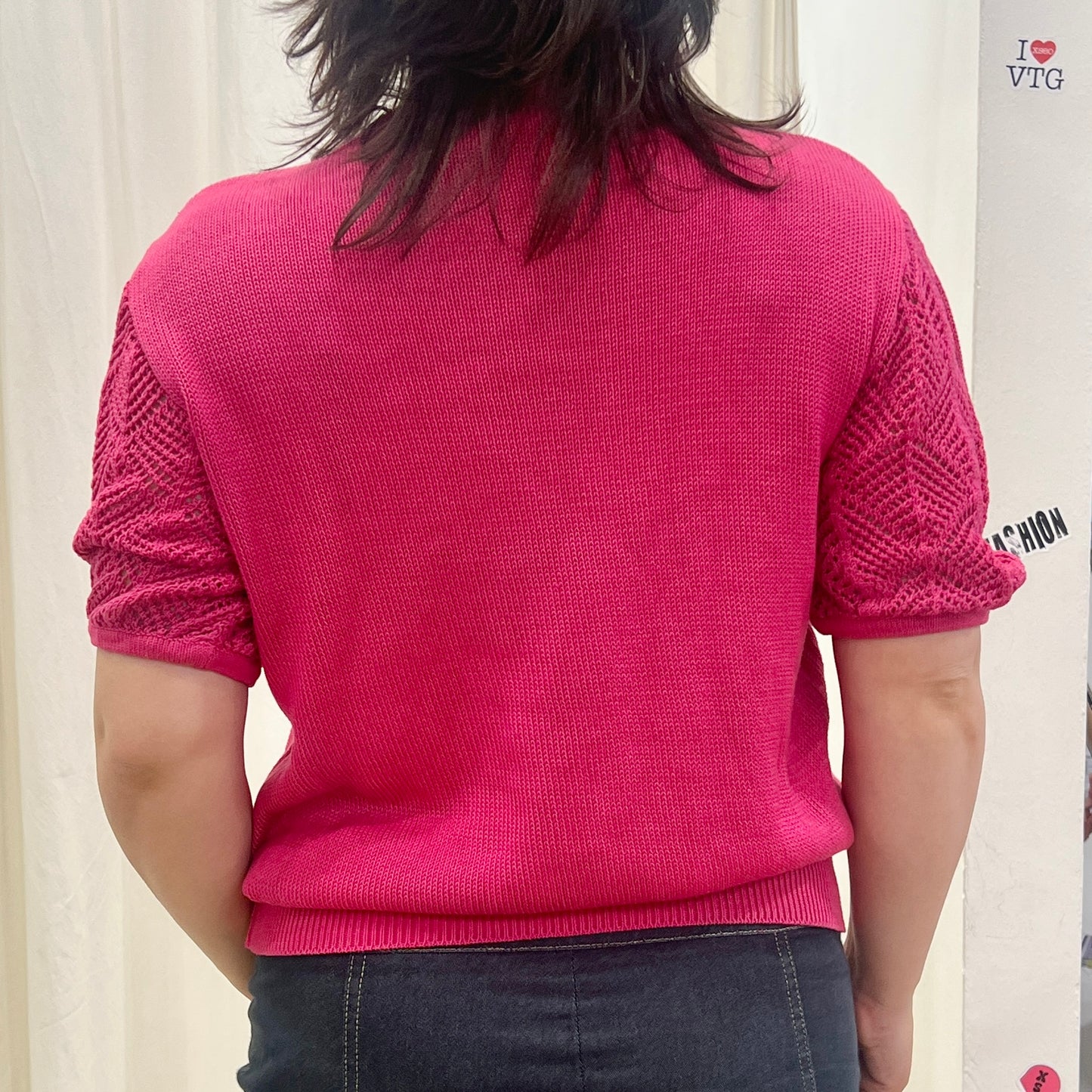 filo di arianna 90s fuchsia short sleeve knit sweater with girl skipping rope embroidery