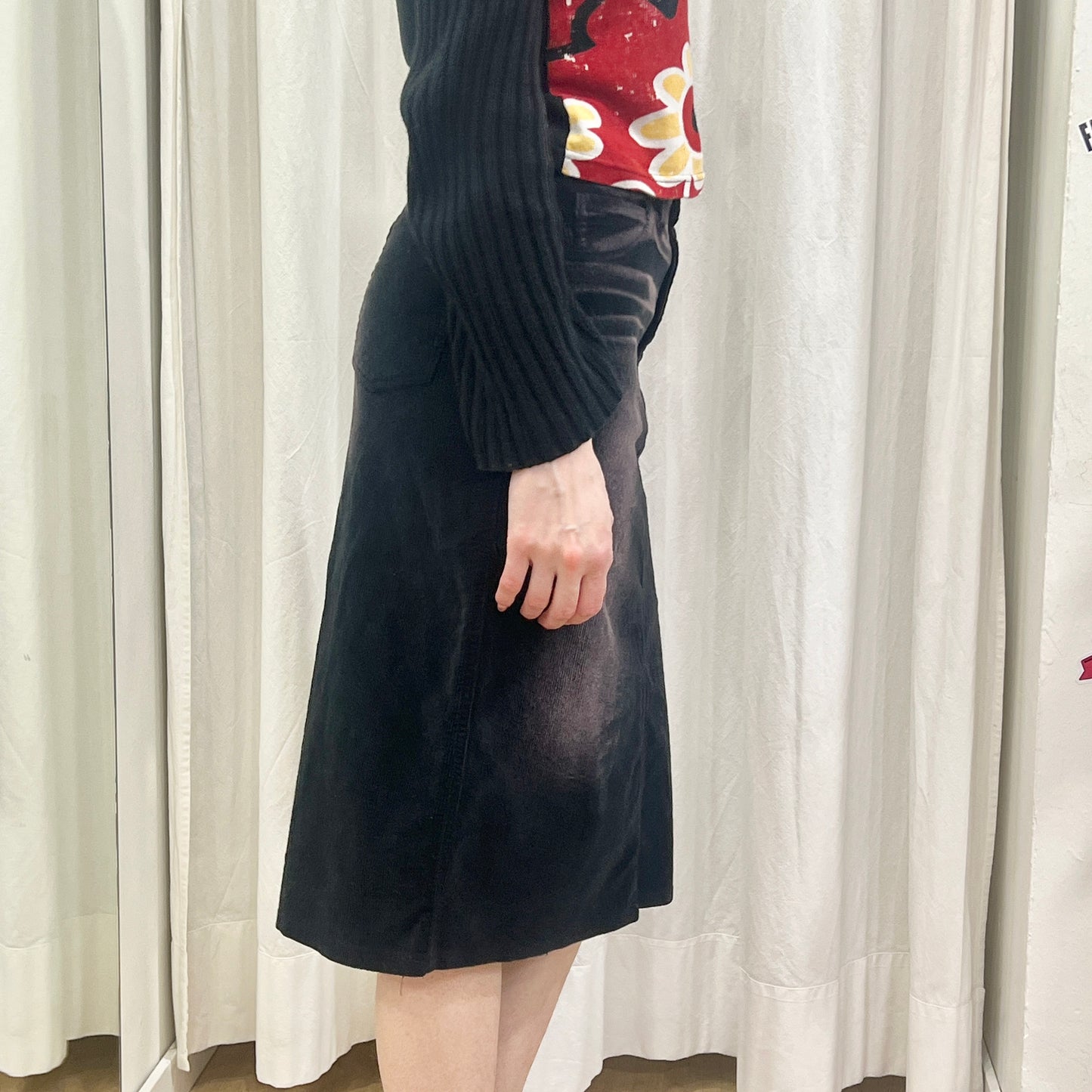 fly girl 00s pink washed black corduroy velvet midi skirt