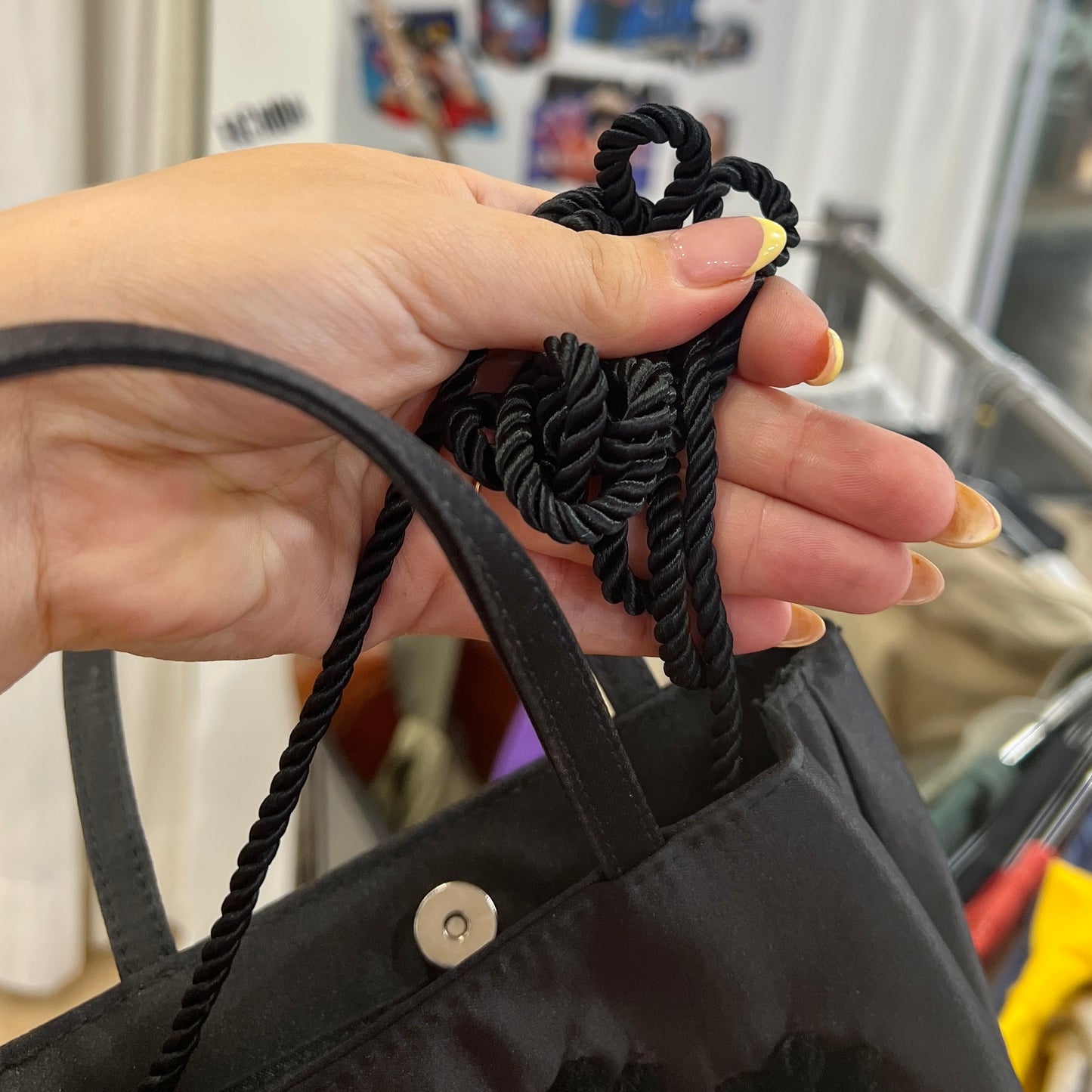 00s mini black satin handbag with floral embroidery and crossbody strap