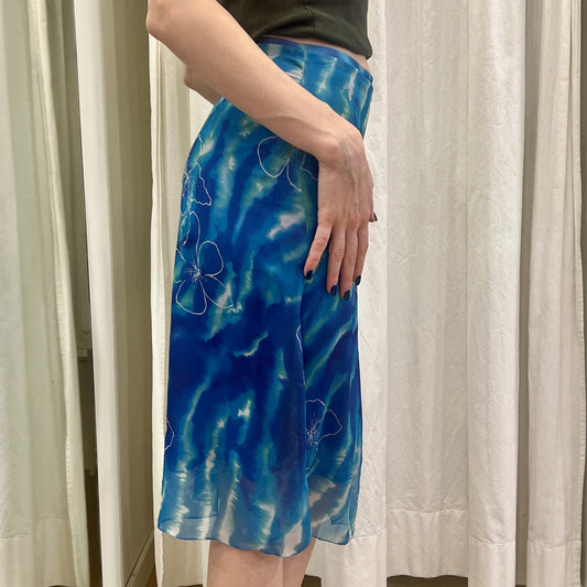 julian keen 00s blue high waisted skirt with hawaiian floral print