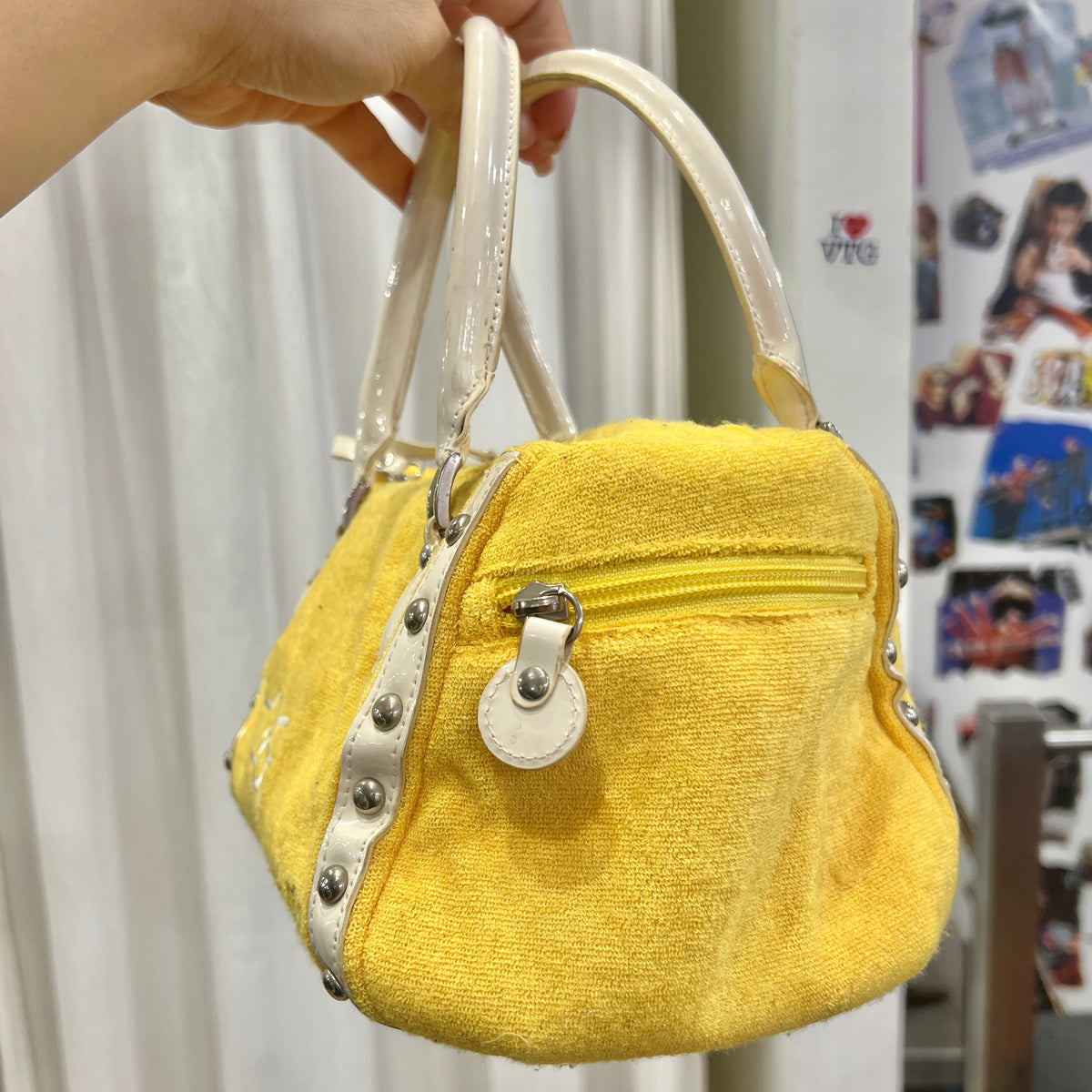 hello kitty sanrio 2007 yellow terry cloth mini trunk bag with white details and silver studs