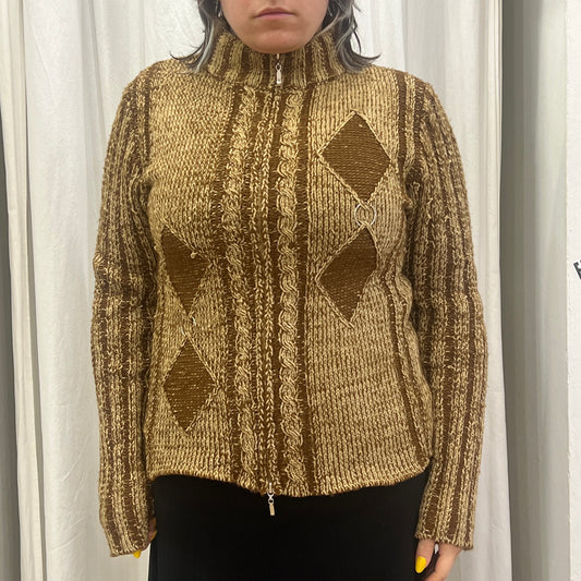 elegant 00s brown tan wool knit zip up sweater