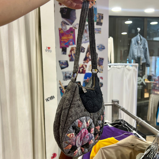 grey black quilted patchwork shoulder bag with pink flowers