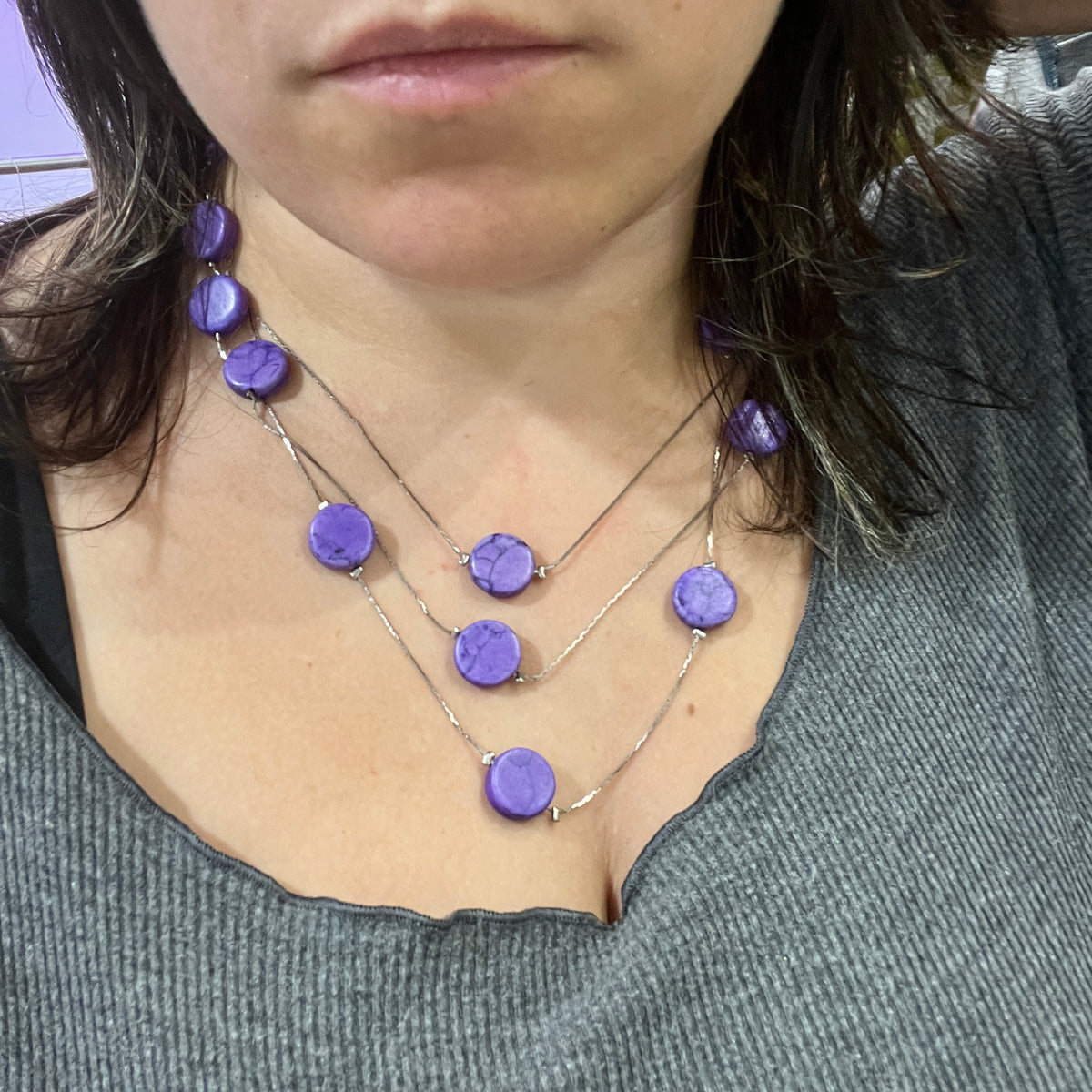silver chain multi strand necklace with purple marble discs