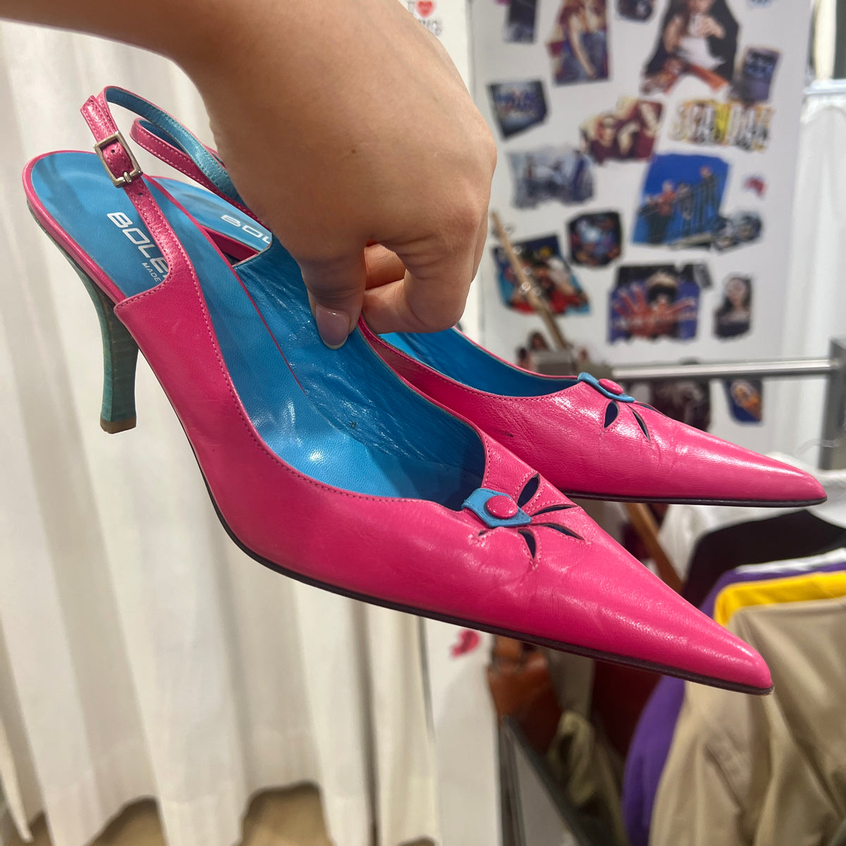 bolero 00s fuchsia blue leather pointy slingback heels
