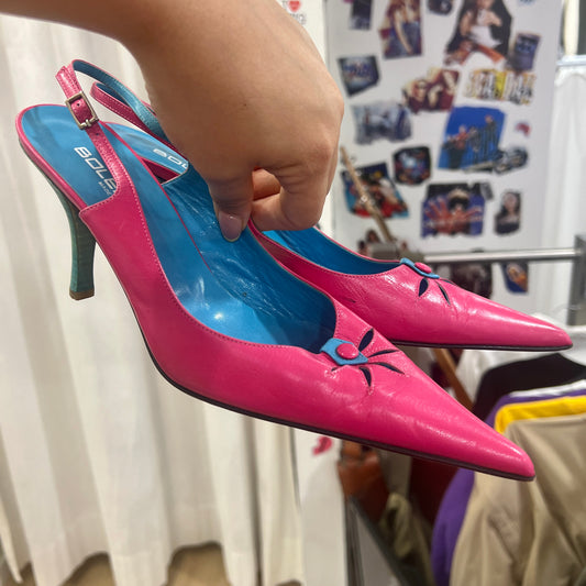 bolero 00s fuchsia blue leather pointy slingback heels