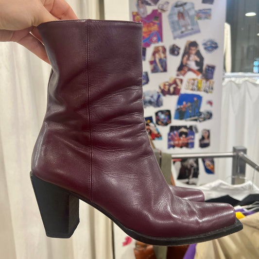 iacopini 00s burgundy leather square tip chunky heel ankle boots