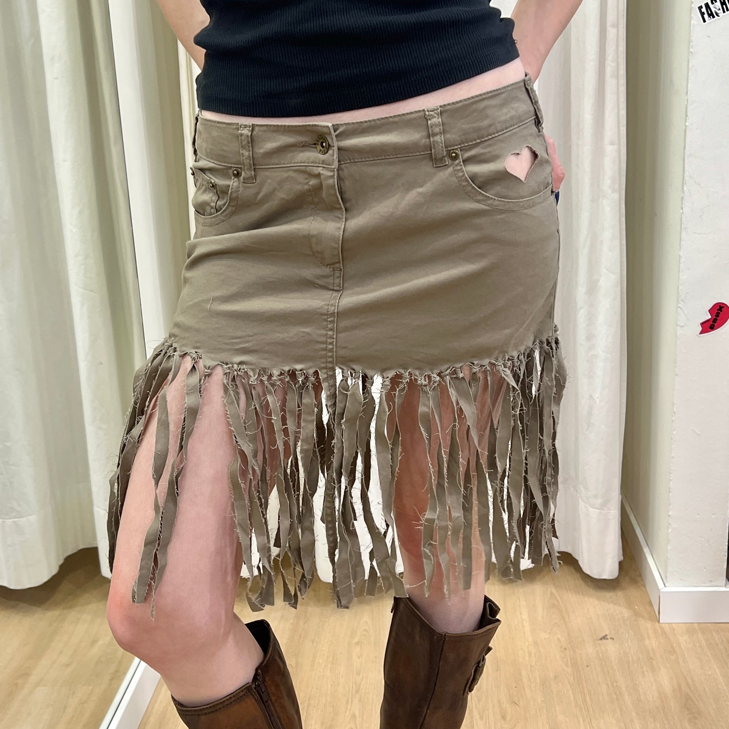 reworked brown denim midi skirt with fringes and heart cut outs