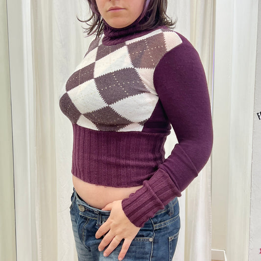 00s white purple wool blend argyle crop roll neck sweater