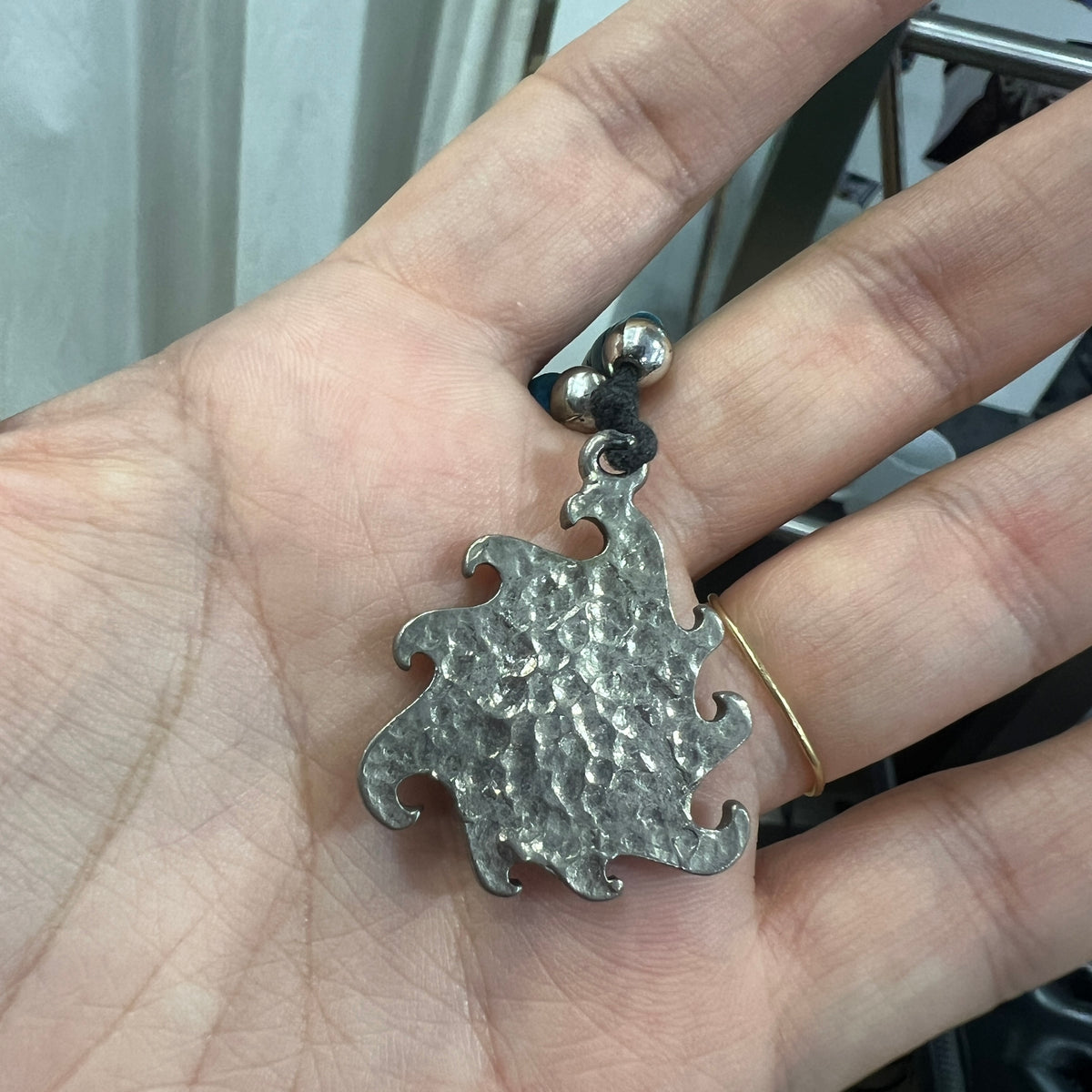silver blue tribal spikey pendant necklace with black string