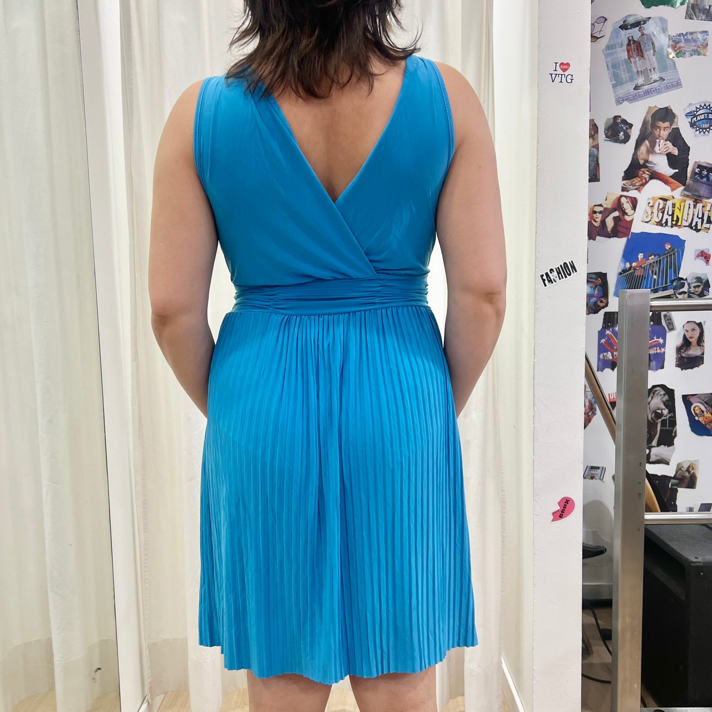 00s blue pleated v neck sleeveless minidress