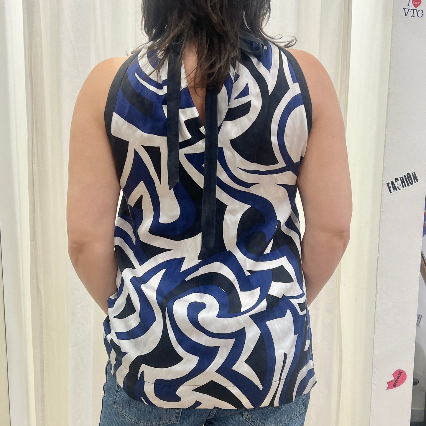 principles 00s black white navy geometric print silk halter top