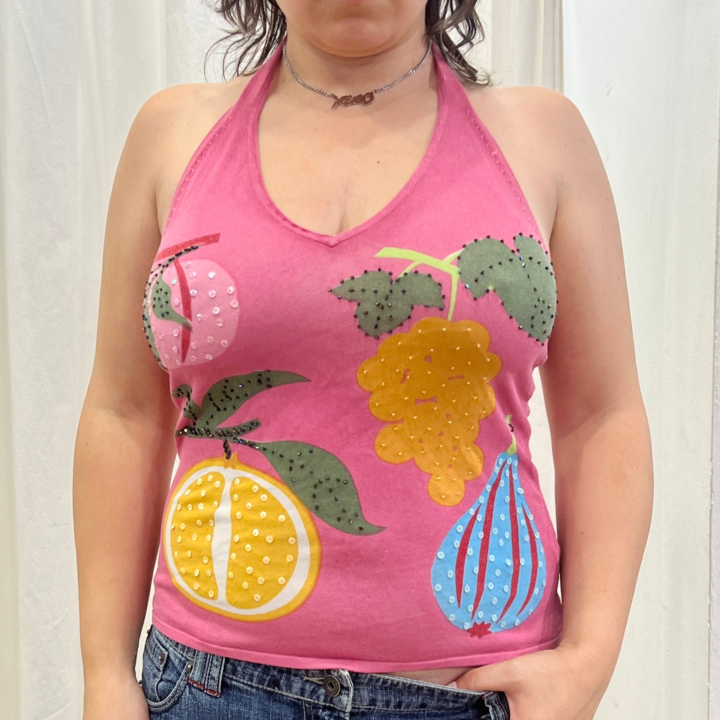 salepepe 00s pink halter top with beaded fruit print