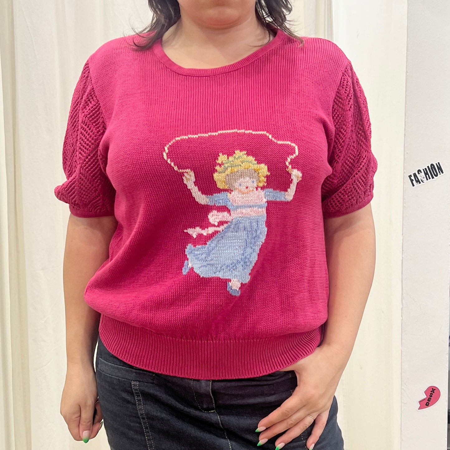 filo di arianna 90s fuchsia short sleeve knit sweater with girl skipping rope embroidery