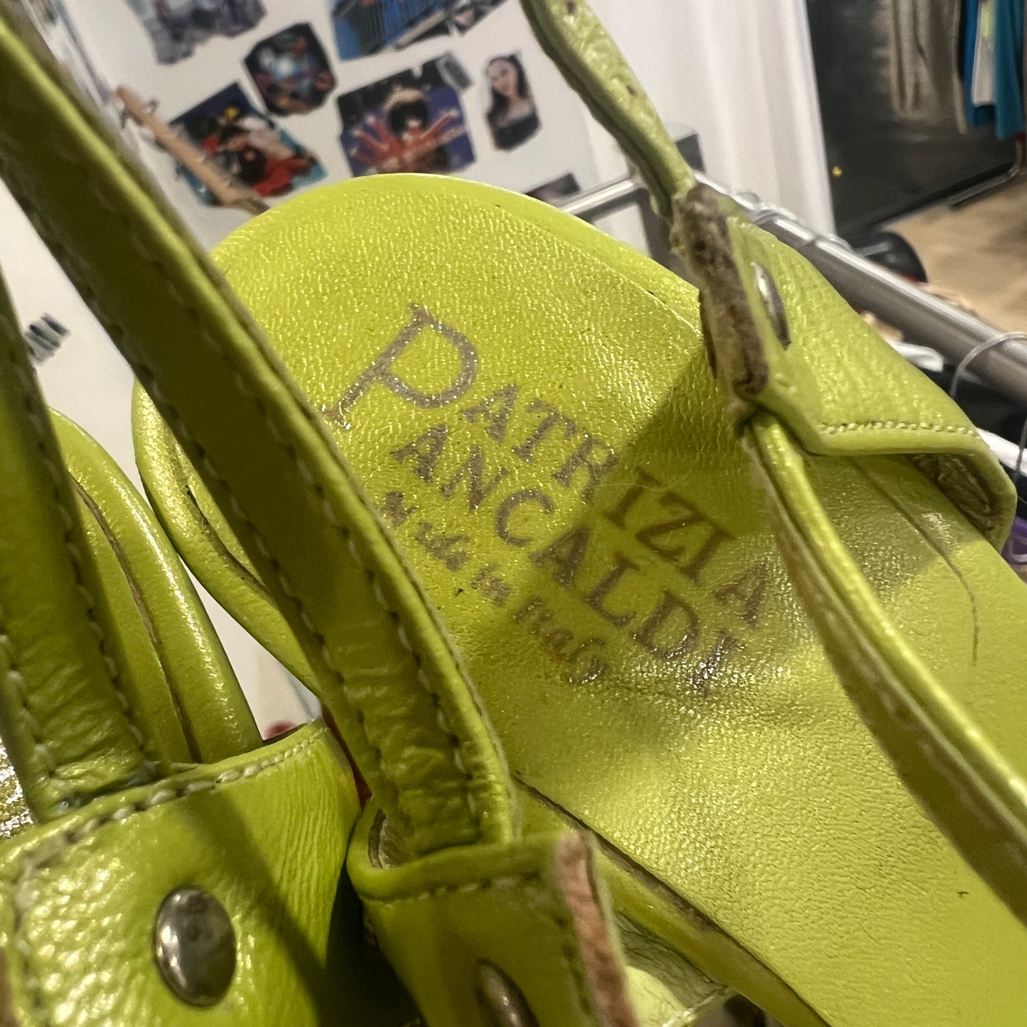 patrizia pancaldi 00s lime green leather flared heel sandals