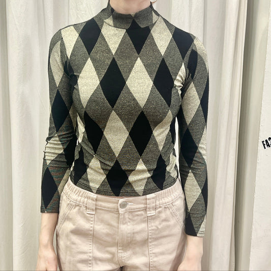 00s black cream argyle roll neck top with gold thread