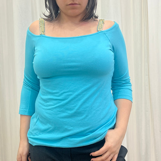 luisa spagnoli 00s blue off the shoulder 3/4 top with gold chain straps
