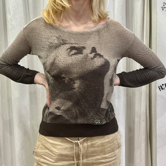liu jo 00s brown light knit blouse with portrait