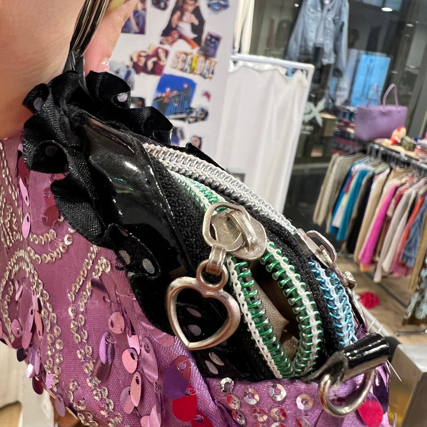 00s purple sequins mini handbag with silver rhynestones and metal hoop handle