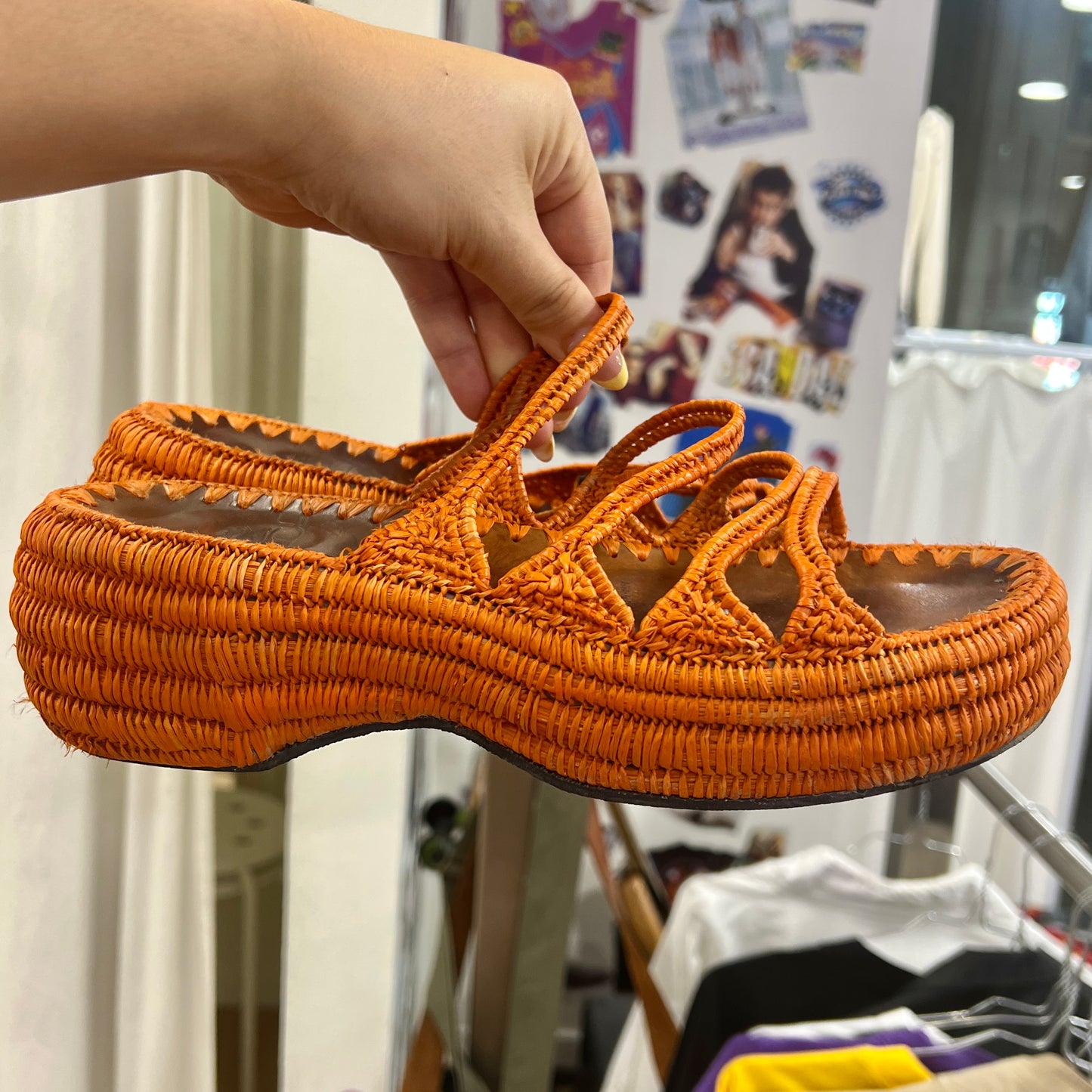 espace 00s orange woven raffia brown leather sandals