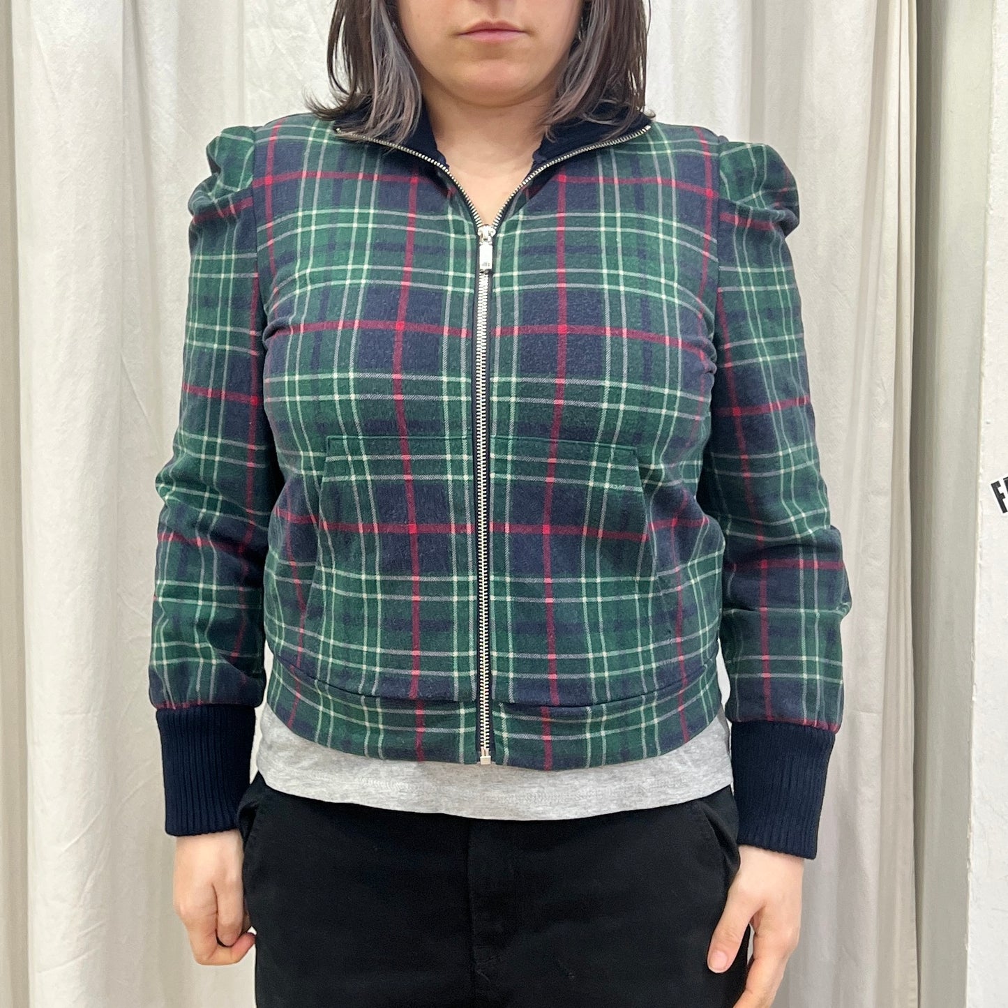 max&co '10s green navy plaid checkprint zip up jacket