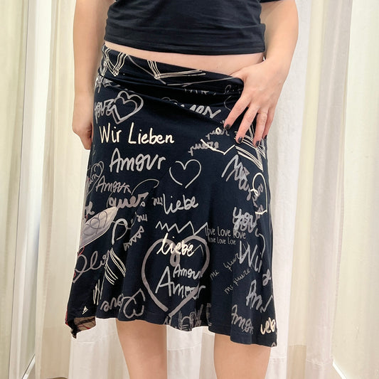 desigual 00s asymmetrical black skirt with white handwriting