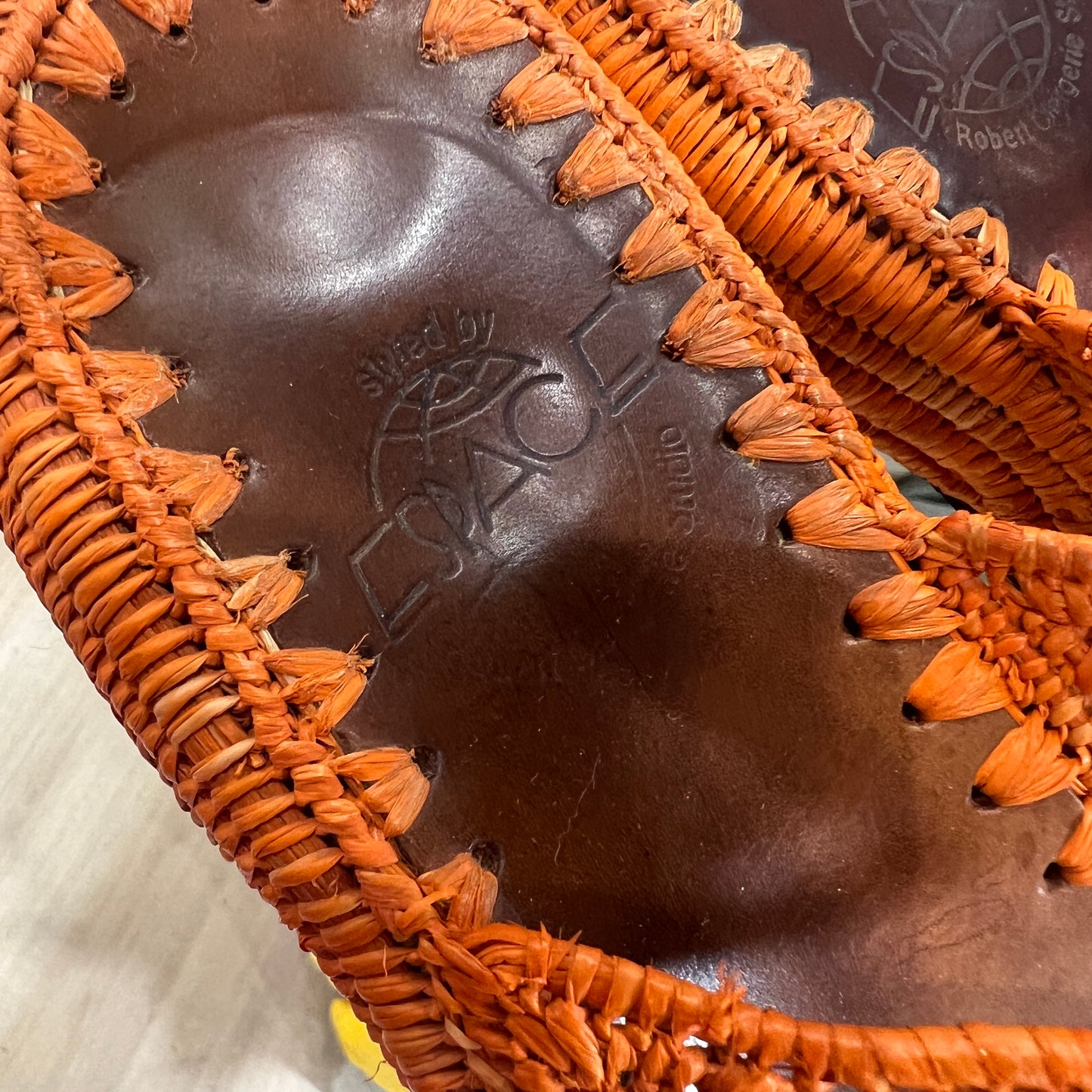 espace 00s orange woven raffia brown leather sandals