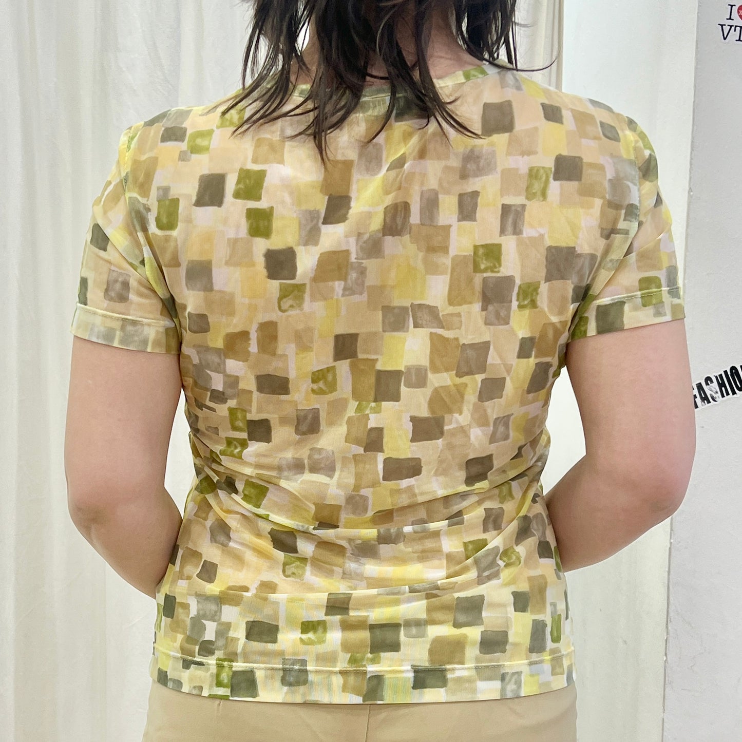 marella 00s green white mesh square print tshirt