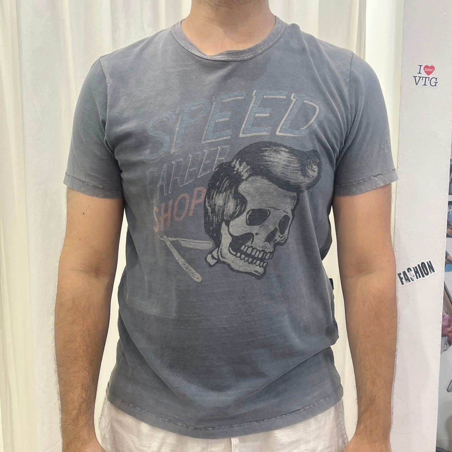 rude riders grey tshirt with skull graphic