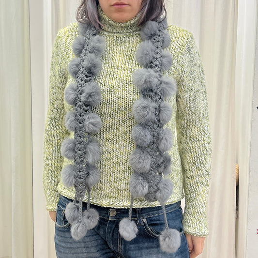 derhy kids 00s grey knit scarf with rabbit fur pompoms