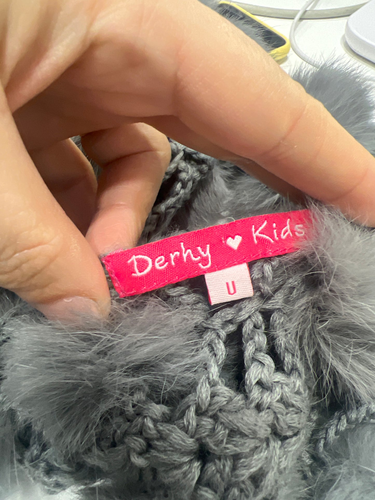 derhy kids 00s grey knit scarf with rabbit fur pompoms