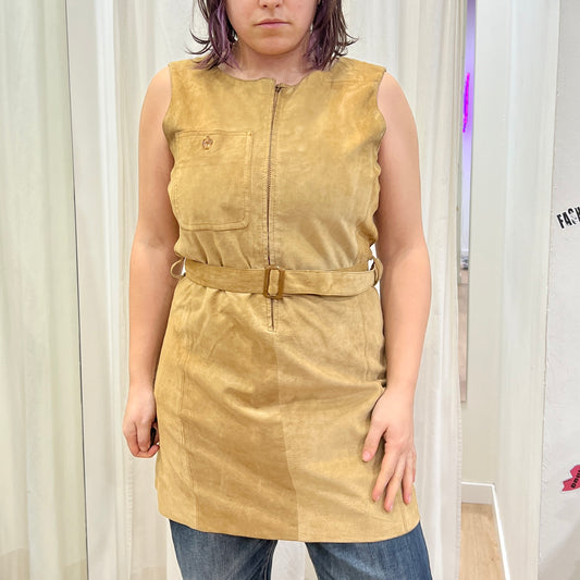 90s tan suede mini sleveless dress with waist belt