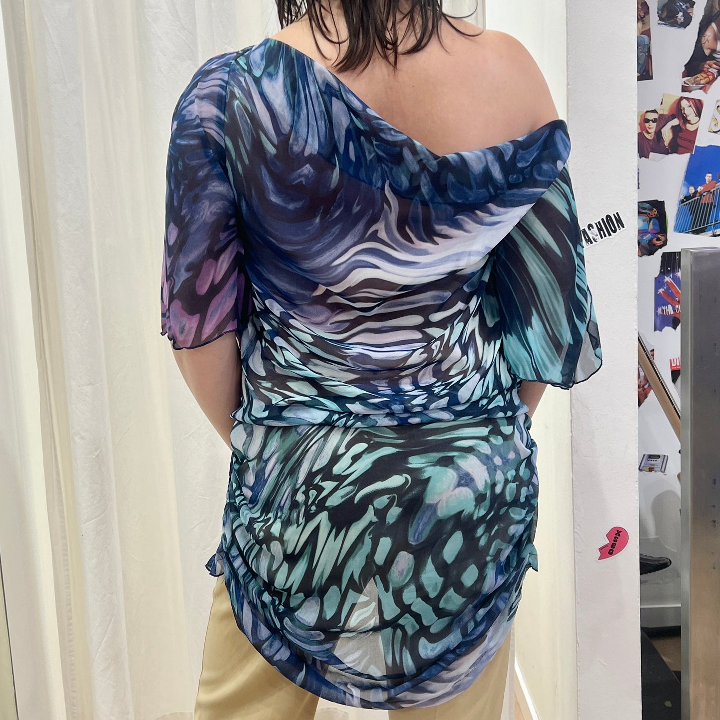 rinascimento 00s blue purple butterfly print sheer flowy minidress