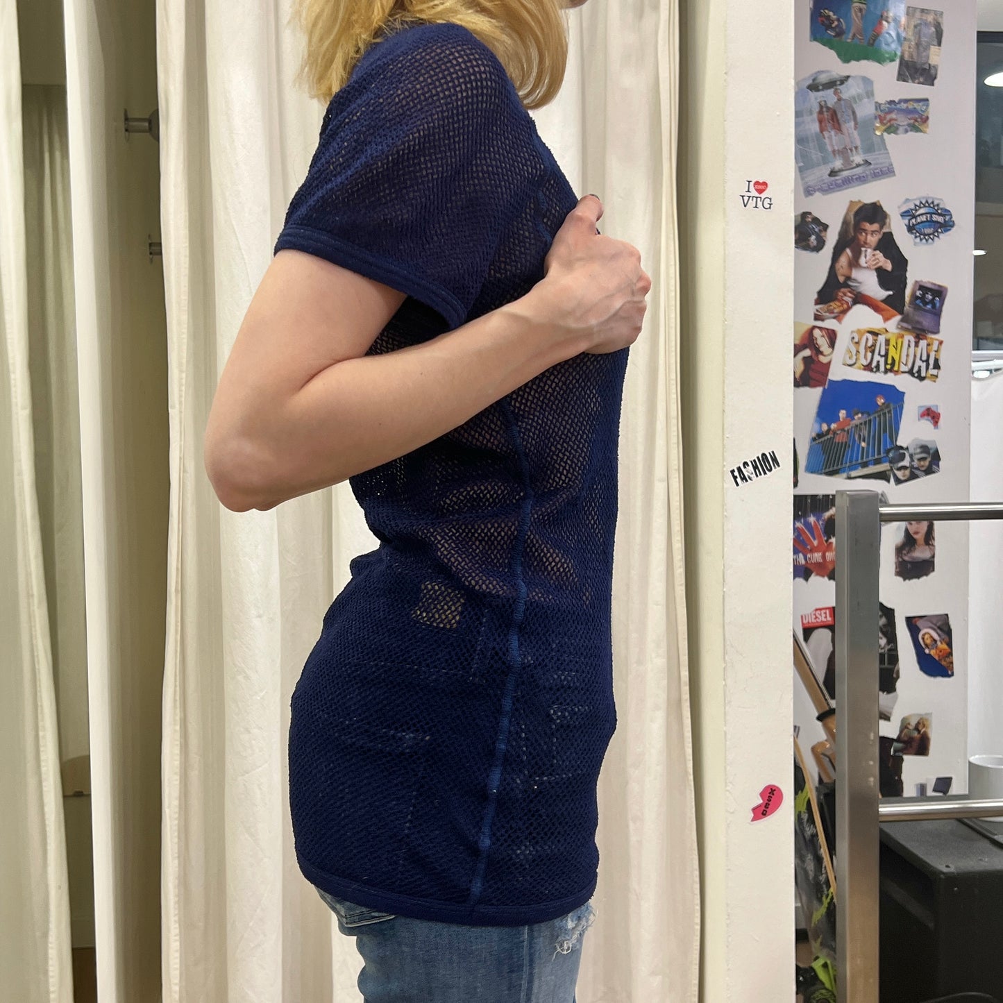 90s navy blue fishnet short sleeve minidress