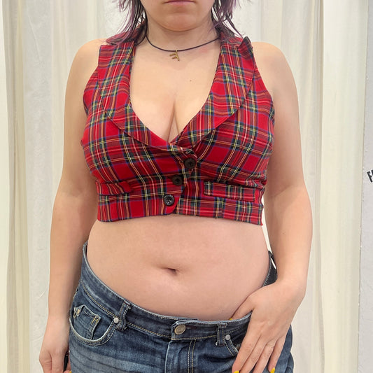 00s red plaid tartan wool crop vest