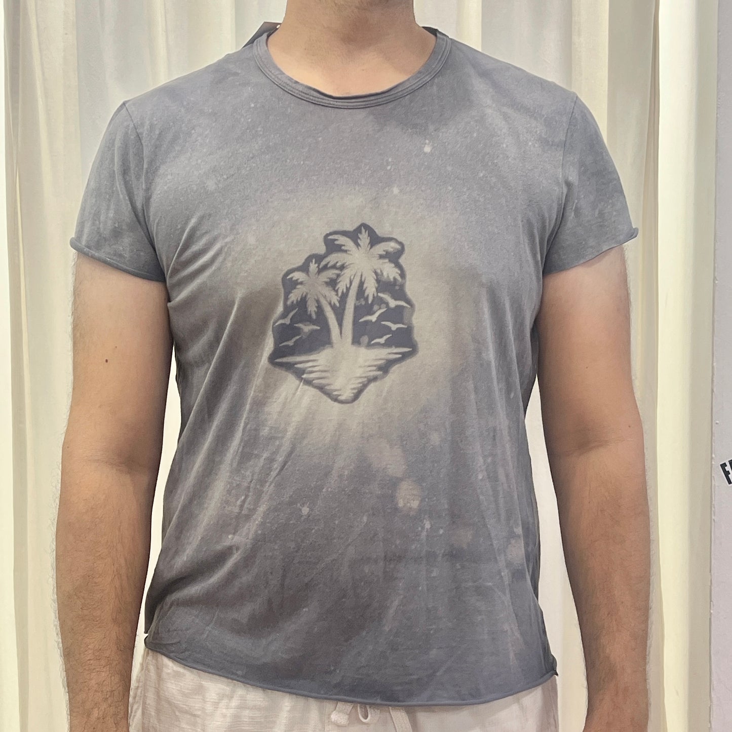 reworked grey tshirt with palm tree island bleach print