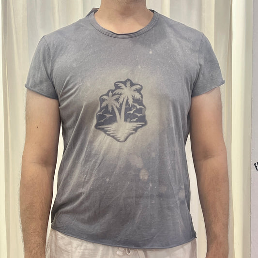reworked grey tshirt with palm tree island bleach print