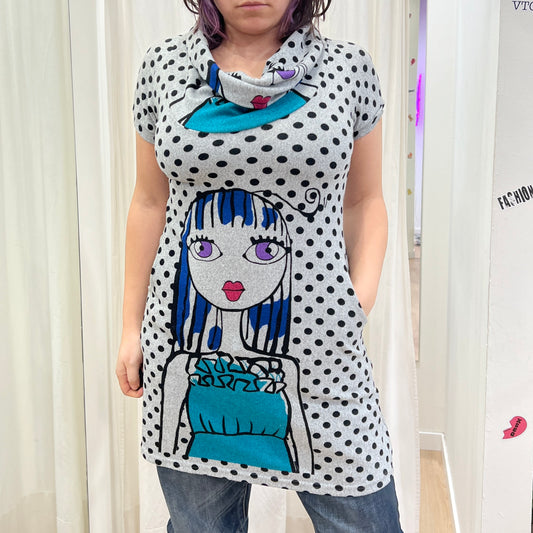 grey short sleeve polka dots minidress with roll neck