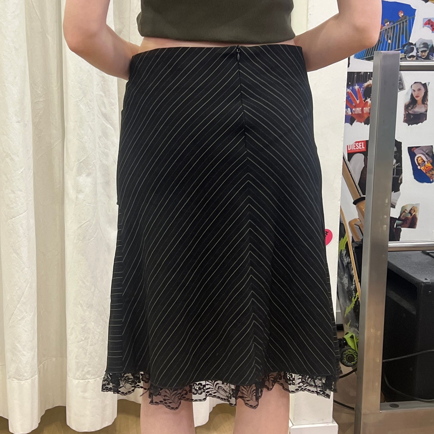 morgan de toi 00s black pinstripe midi skirt with lace trim